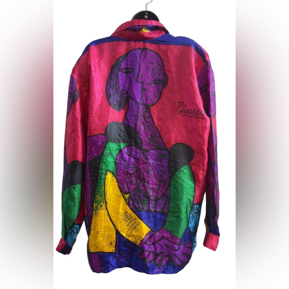 Vintage Picasso 1980s Satin Abstract Art shirt buttons up XXL MADE IN KOREA - Picture 3 of 12